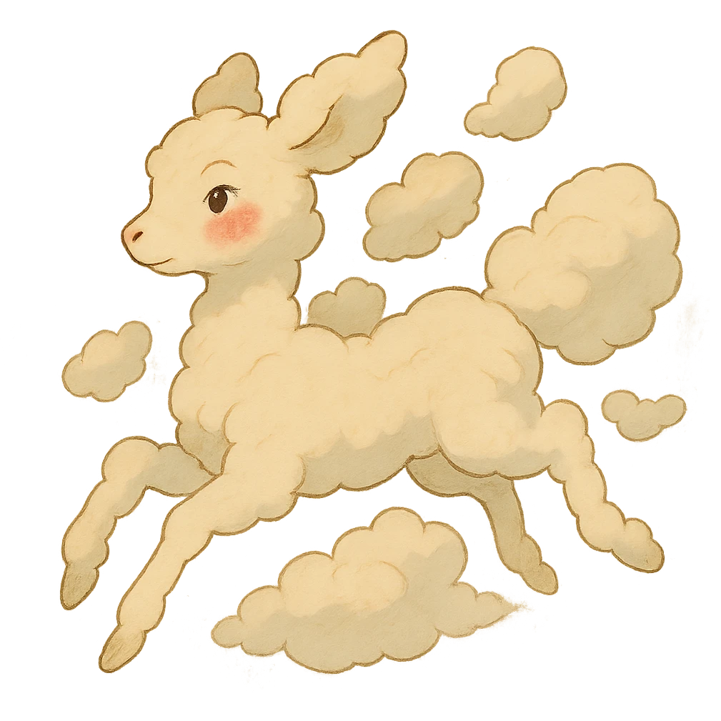 vanilla-colored cloud doe, floating with rosy cheeks and witch-like grace, ghibli style emoji