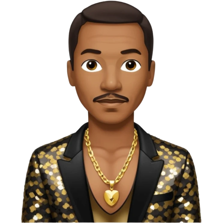 Eddie Murphy with dark brown hair, black sequin jacket, shirtless with necklace emoji