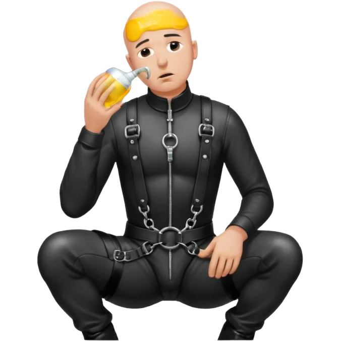 submissive bald man on his knees in a black leather harness standing man in leather, pouring piss down his throat emoji