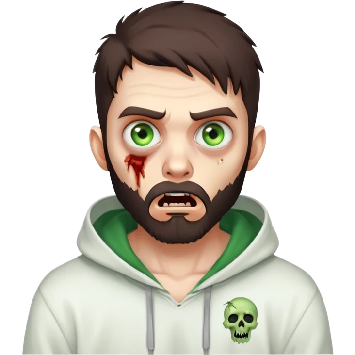 zombie with shocked expression, undercut hairstyle with dark brown hair, short full beard, heterochromia with one green eye and one brown eye, wearing plain white hoodie emoji