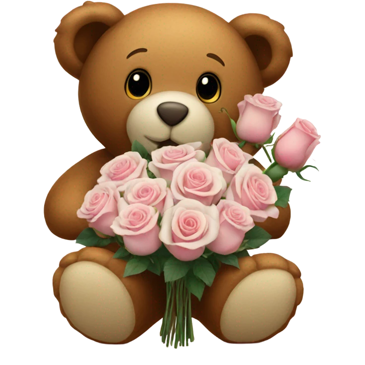 a white bouquet of white and pink roses and a brown teddy bear  emoji