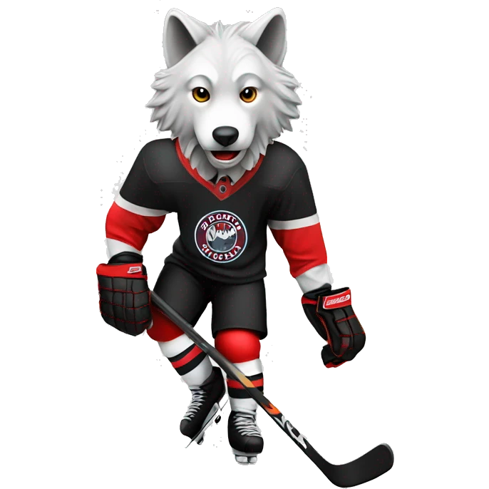 The wolf plays hockey in a black white and red uniform emoji