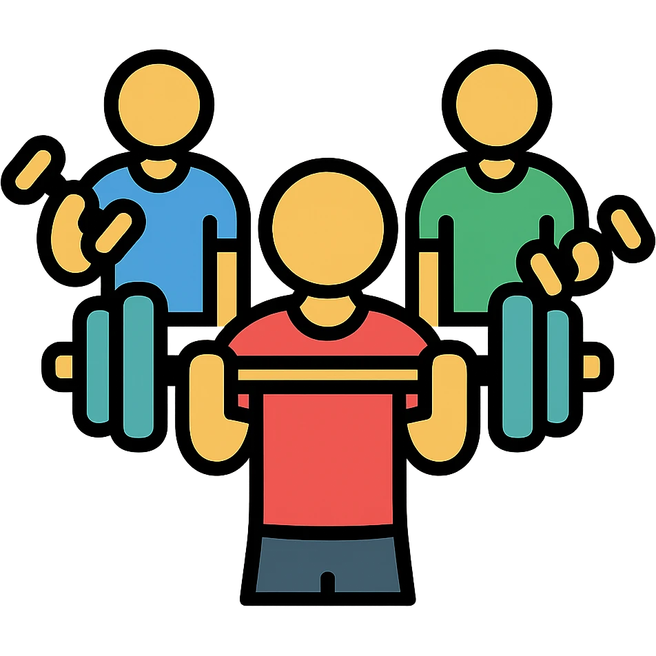 group of gym buddies lifting weights, minimal and recognizable icon style emoji