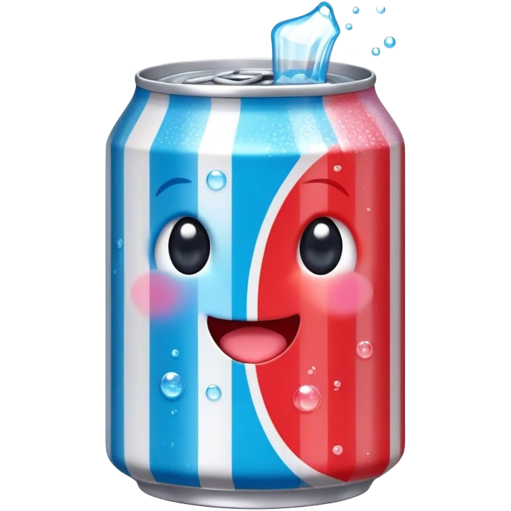 Cute Kawaii Soda Can, bubbly and vibrant, bright red and blue stripes, playful fizz popping around, a chubby happy face with wide sparkling eyes, energetic and refreshing! emoji