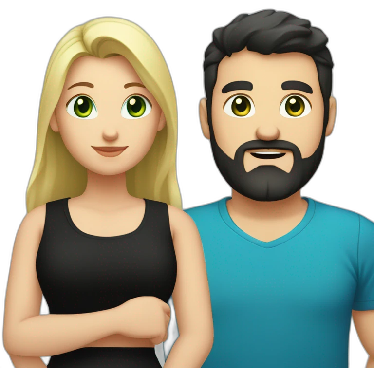 A blond chubby girl with blue eyes and black haired and bearded man with green eyes. The man wears a black t-shirt. The woman is wearing a black skirt and a blue shirt emoji