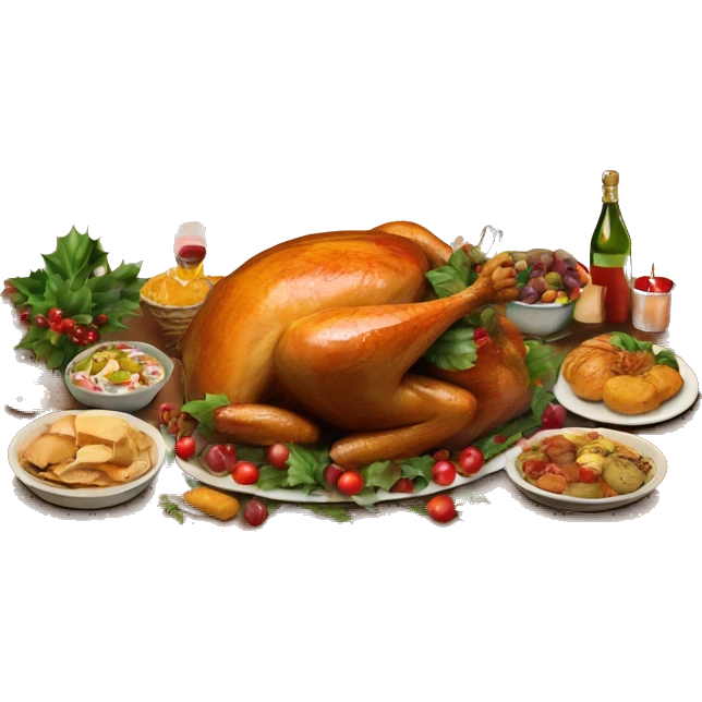 vintage wooden table with christmas feast of turkey and foods emoji