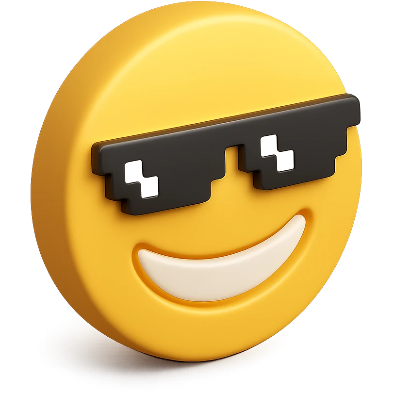 3d yellow emoji circle face with meme glasses, smiling expression emoji