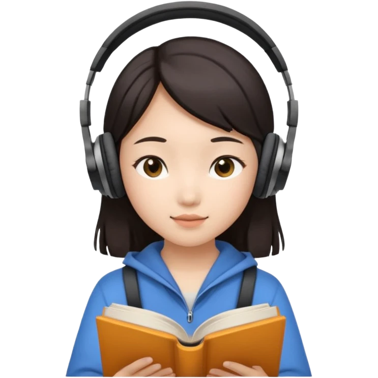 Asian girl with headphones reading book  emoji
