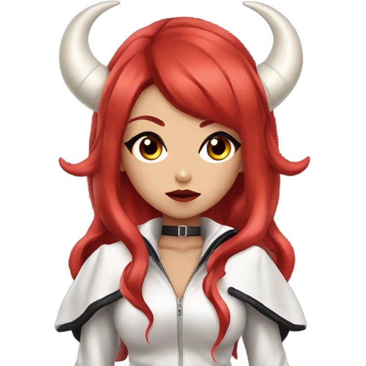 demon hime gyaru girl, black eyes, red hair, demon horns, leather coat emoji