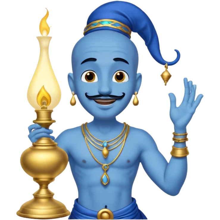 Blue skinned genie with a black goatee and gold bracelets coming out of a lamp from Disney’s Aladdin  emoji