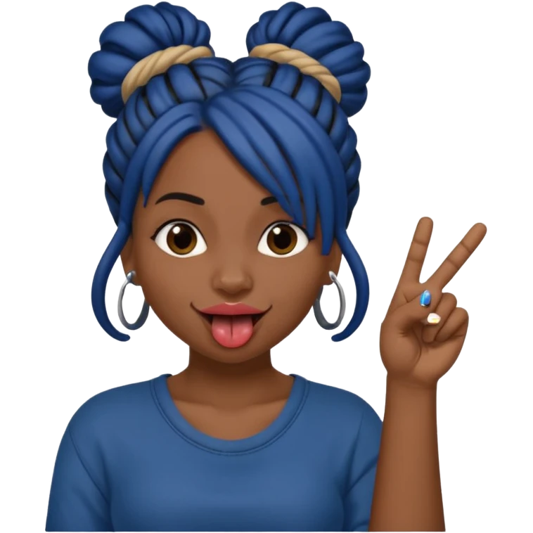 brown girl with dark blue dreads all in a bun with tongue out giving middle finger emoji