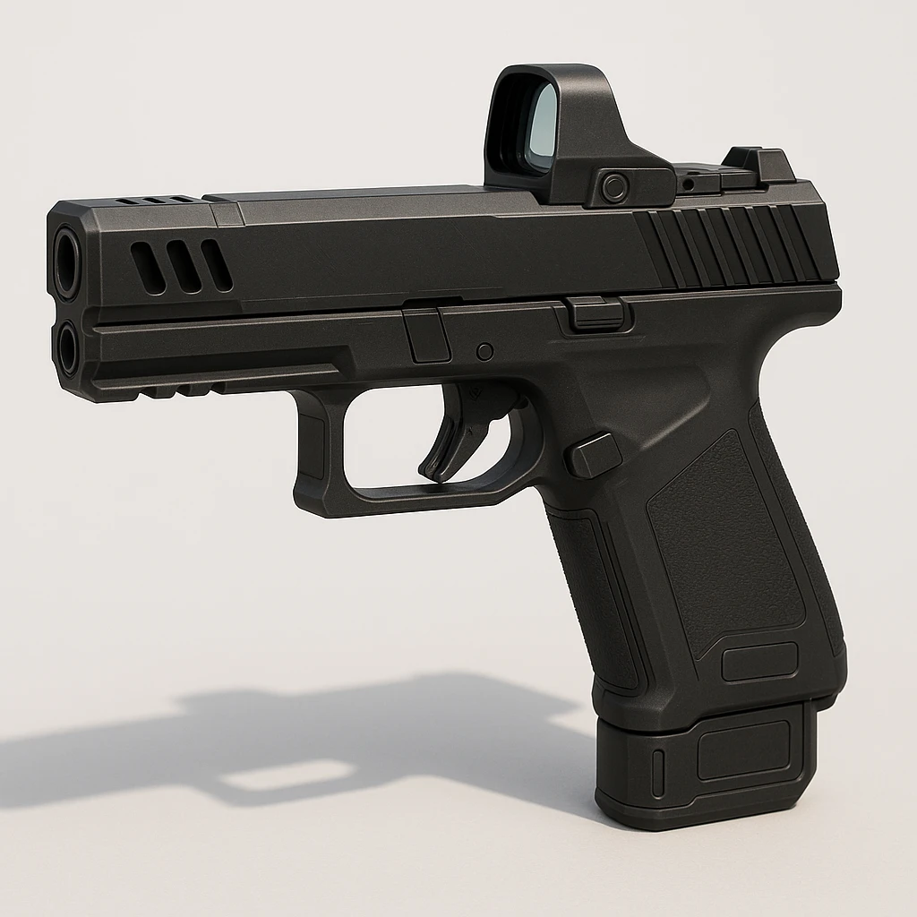 photorealistic 3D render of a compact futuristic handgun, matte-black, angular slide, low-profile reflex sight, polymer frame, extended barrel with compensator, vent ports, minimal controls, magnetic slide lock, futuristic magazine well, smart sensor panels, neutral side view, white or grey background, soft shadow, modern tactical sci-fi style emoji