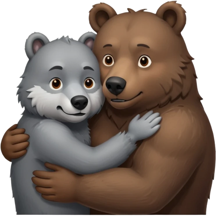 A beefy brown bear cuddling a grey wolf. Both of them are males and in love.  emoji