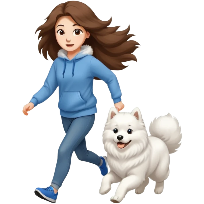 A beautiful girl with long hair wearing a sweatshirt and jeans is running with a Samoyed emoji