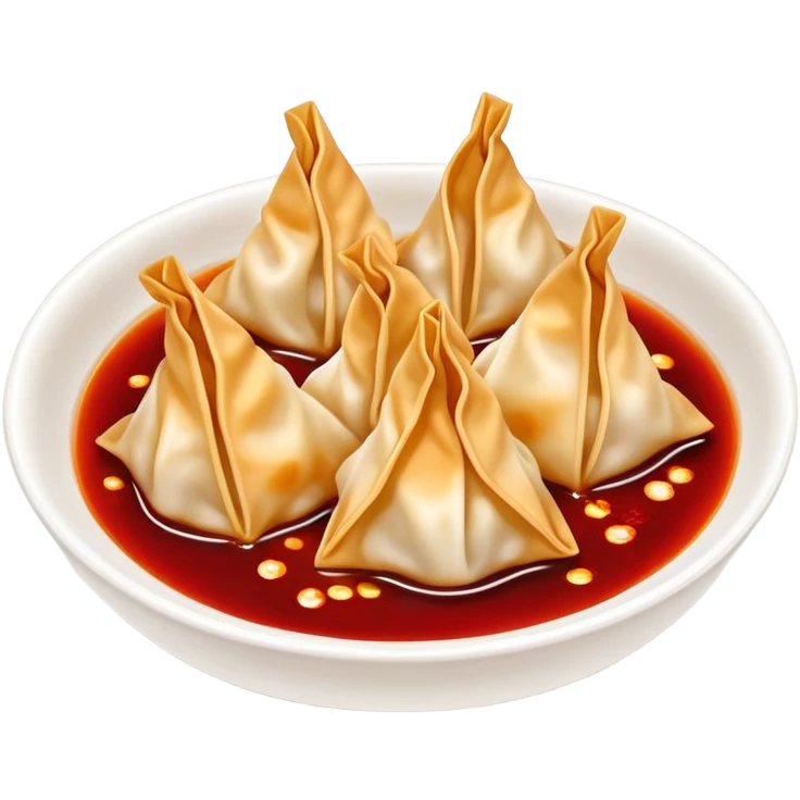 Chengdu Long Chaoshou wonton with red oil sauce on top, simplified emoji style with bold outlines and bright colors, cartoon style Sichuan style wontons emoji