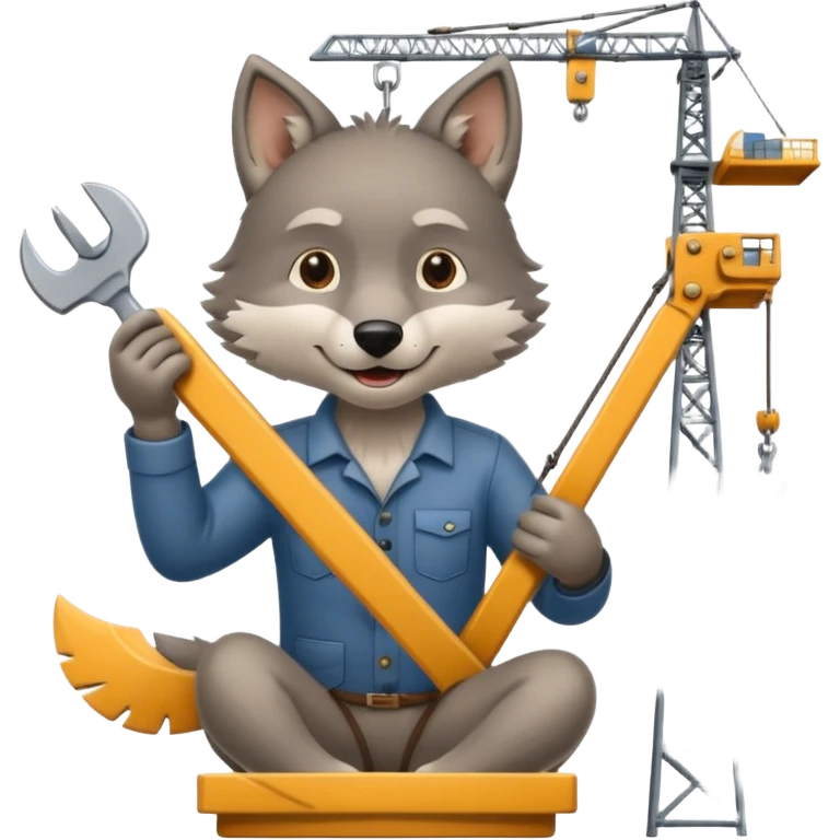  a joyful gray wolf sits on a tower crane and holds a saw in his hands emoji