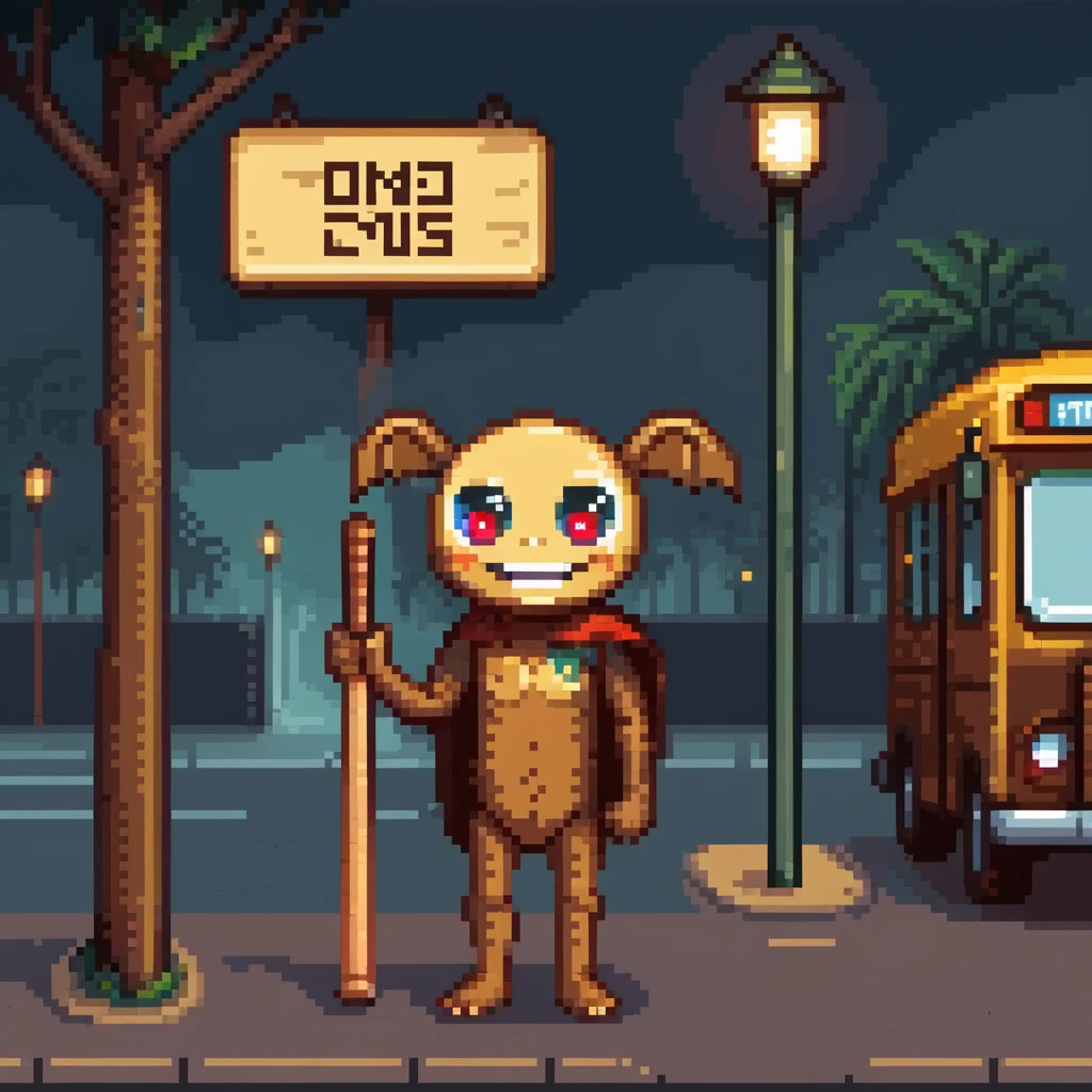 humanoid wooden club with big cartoon eyes and wide smile, barefoot, standing at a dark street bus stop under dim streetlight, holding a bat, background sign 'Pentung Pos Ronda' emoji