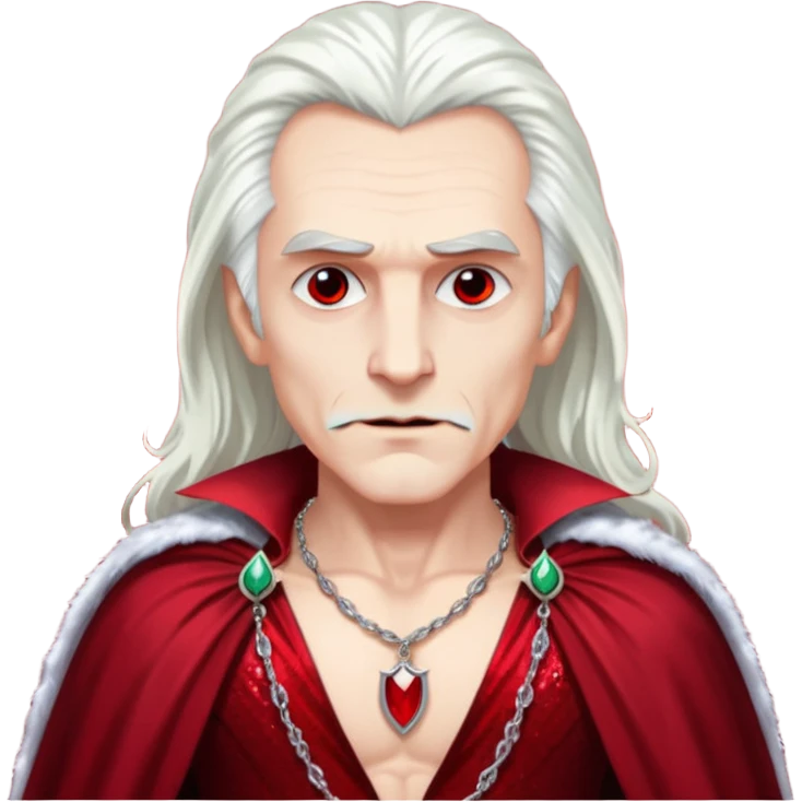 Dracula with long white hair, dark red sequin baggy pants, shirtless with necklace, dark red sequin cape emoji