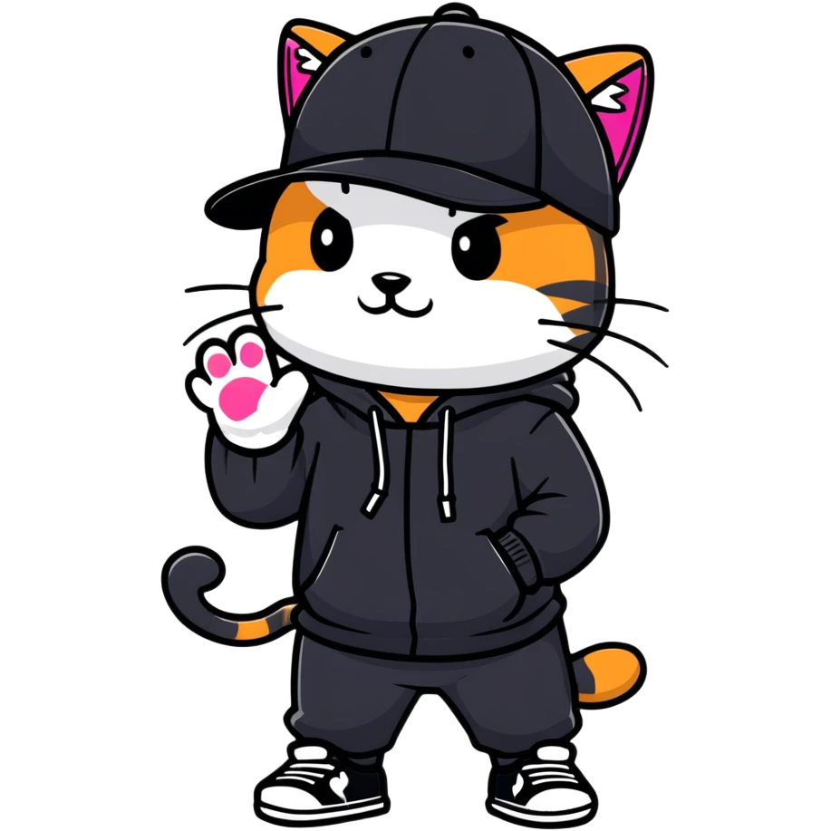 cat wearing a black snapback cap and black hoodie doing graffiti art with spray paint, street art style emoji
