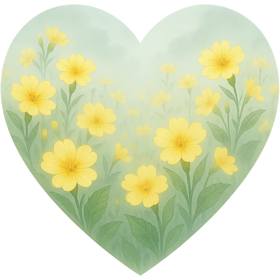 heart with a misty morning primrose field, clean digital illustration emoji