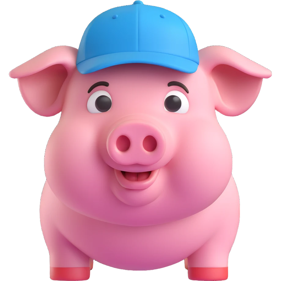 John Pork, a pig with a human body, wearing a cap, friendly expression, 3D emoji style emoji