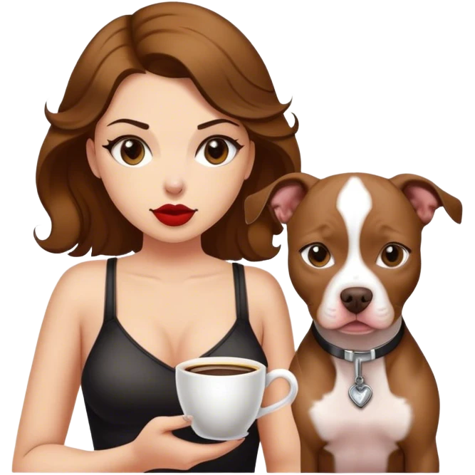 Chica de cabello ondulado sosteniendo a una perrita pitbull que tiene una manchas cafés en su cuerpo y en un ojo emoji