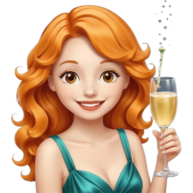A shy young woman with orange wavy hair gently takes her first small sip of champagne, smiling with excitement. emoji