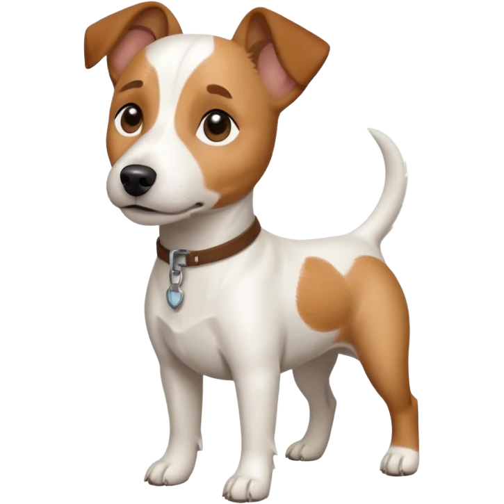 a full body white jack russel looking dog the size of a kelpie with light brown ears and a light brown patch on one eye and a large snout emoji