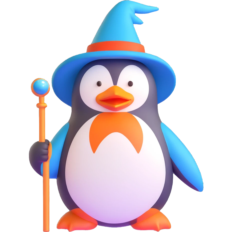 penguin wizard with a blue wizard hat and wand emoji
