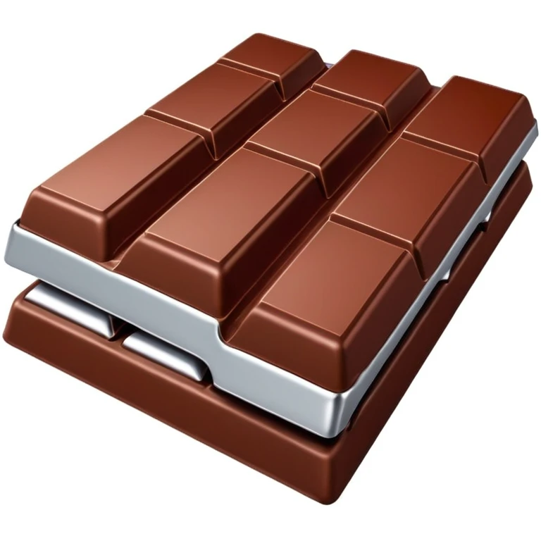 3D Apple emoji style chocolate bar, half unwrapped in shiny red and silver foil, smooth and glossy chocolate surface with visible square segments, rich brown color, minimal and clean design, no face or branding, soft shadows, high-quality render, isolated on a white background emoji