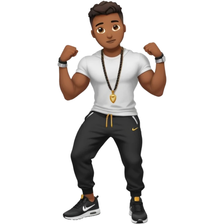 Handsome Black guy with brown skin tone, with muscular build, wearing black sweatpants, a white t-shirt, black Nike air max, a small rope chain, and a watch  emoji