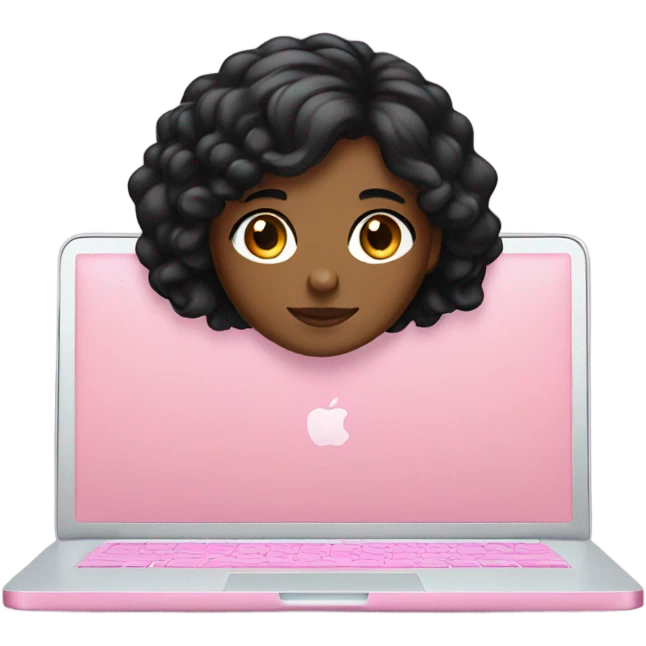 Brown skin girl with black hair sitting at pink MacBook  emoji