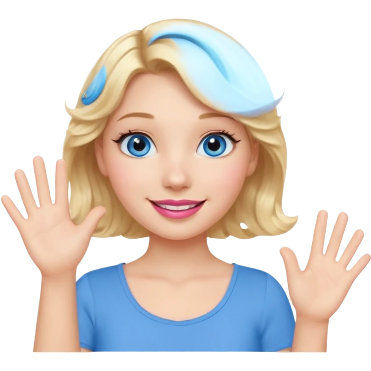 Girl Blonde short wavy hair,  blue eyes, cute blue top, long lashes, pink lips, smiling, waving hello  emoji