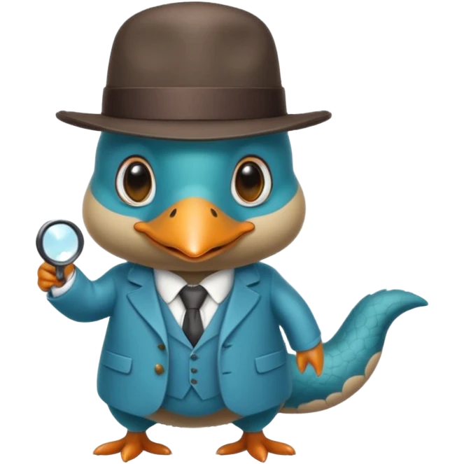 cute light blue turqiouse platypus with a detective hat and monocle on his eye, no  hands, looks like a platypus but blue, the hat and suit are not blue emoji
