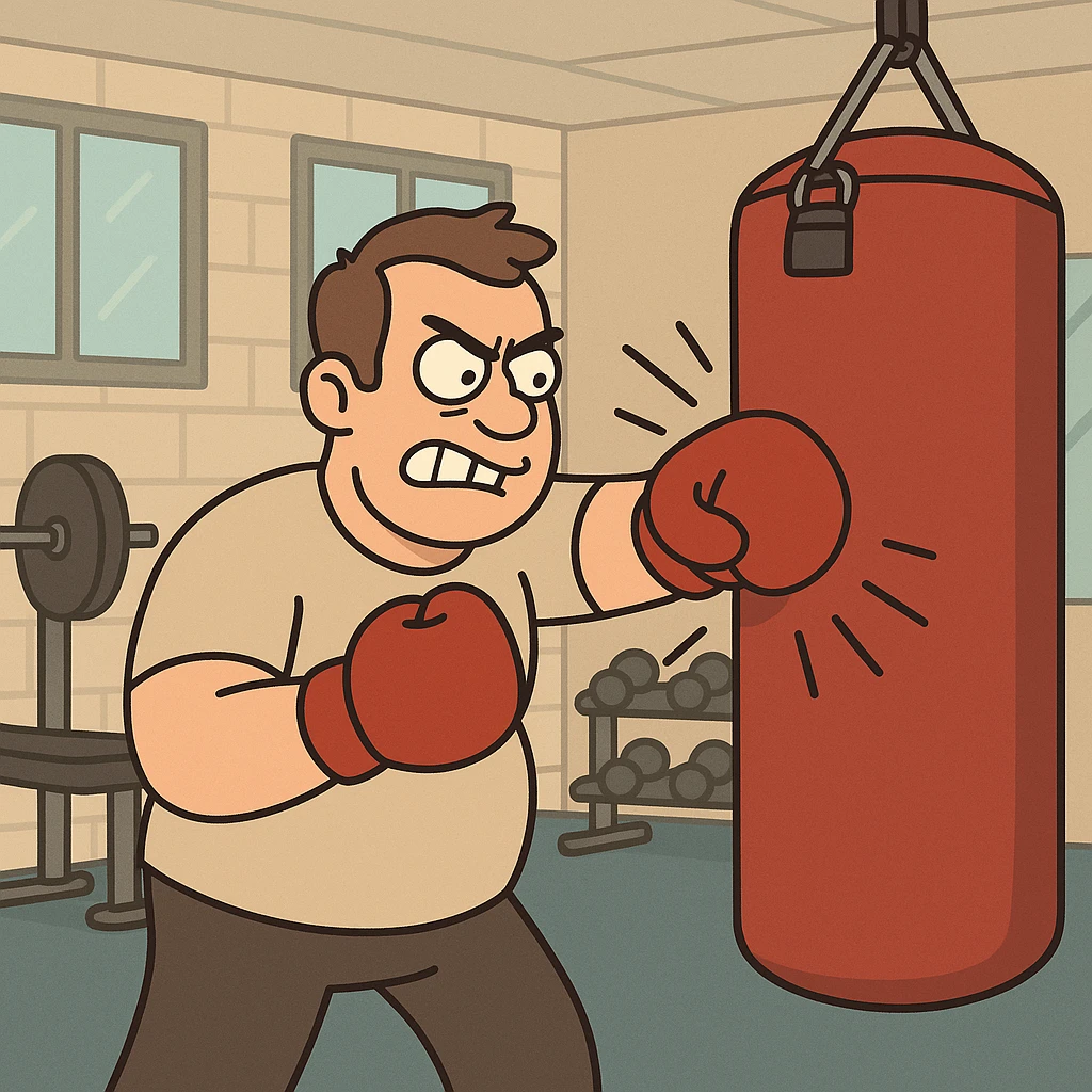 Hit a punching bag – to punch a padded bag for exercise or stress relief.
He went to the gym to hit a punching bag and blow off steam. Background Gym
 emoji