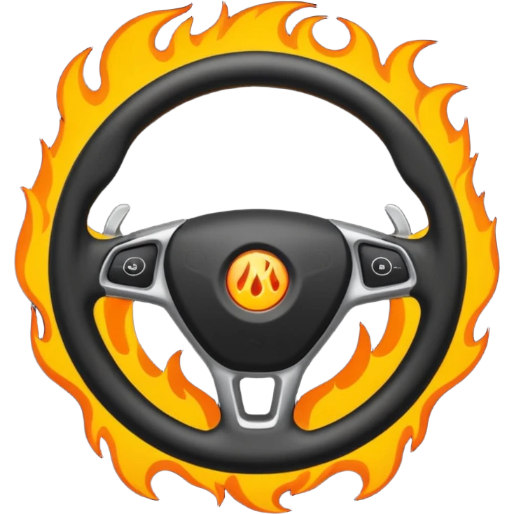 a black steering wheel of a car and only in the center is a flame, nowhere else emoji