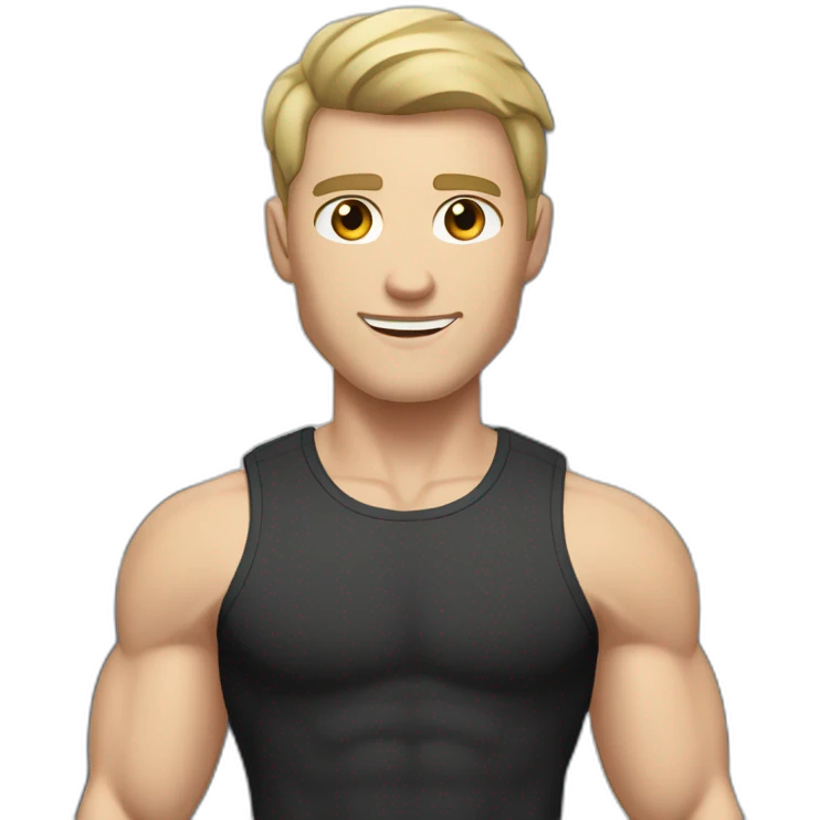 Pale skinned Fit Man With the biceps and dark brown hair in black shirt, gray sports shorts and white Sneakers emoji