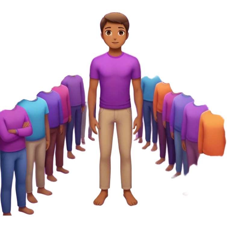 A charismatic person standing confidently in the center of a room, radiating a violet warm bright aura glow, he is calm with a lot of people around emoji