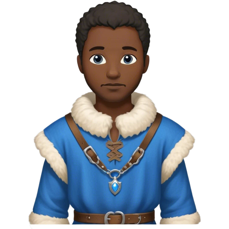 medieval outfit worn by a DnD themed fantasy character. basic rough-spun tunic with a fur-lined collar and a leather strap across the chest. clothes only above the waist. The clothes full waist. The character's haven't arms. character is bald, blue eyes, blacked-skinned man. emoji