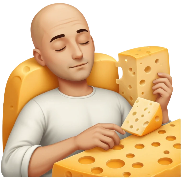 An attractive, bald Italian man sleeping outside with a block of cheese emoji