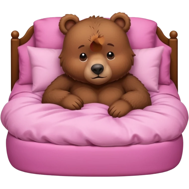 A cute brown bear in a pink bed, tucked in and looking forward, trying to fall asleep. emoji