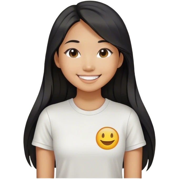 an asian girl smiling with straight black and long hair, slight waves, tshirt emoji