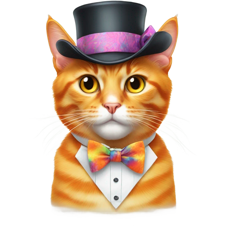 orange cat with tie-dye tophat and bow tie emoji