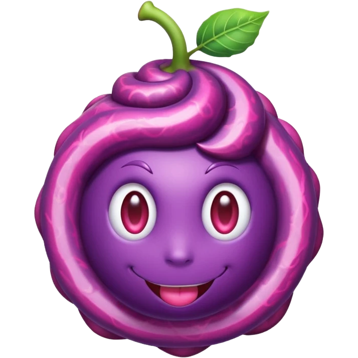 A cute anime-style purple devil fruit with pink spiral patterns, a curly swirl stem on top, glossy texture, simple shading, emoji style, centered on a plain background. emoji