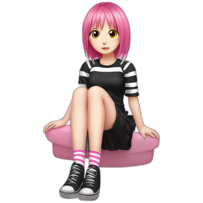full body Front view emo girl sits on the floor black skirt pink knickers long striped socks emoji
