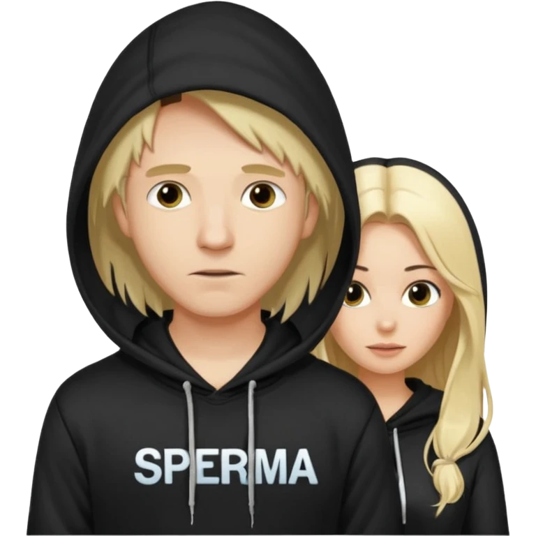 chce by to byla taka emotka 🙍‍♂️
chlopaka z czarnymi losami i czarna bluza z biaty.m
napisem "sperma" na srdoku i zeby za nim stala taka ladna blondynka z dlugaimi wlosami i ona  ciagnaca za sznurek od
kaptura od bluzy tej pierwszej osobyl emoji