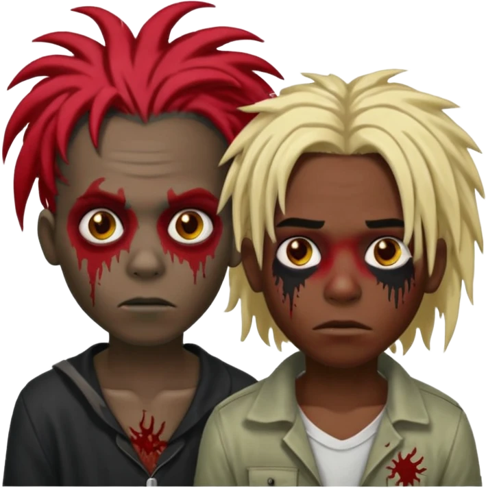 make two zombie boys, preferably black, both with dreadlocks, one with short hair, half blond and half black, and the second with long dreadlocks (up to the shoulder) with red roots and black tips  emoji