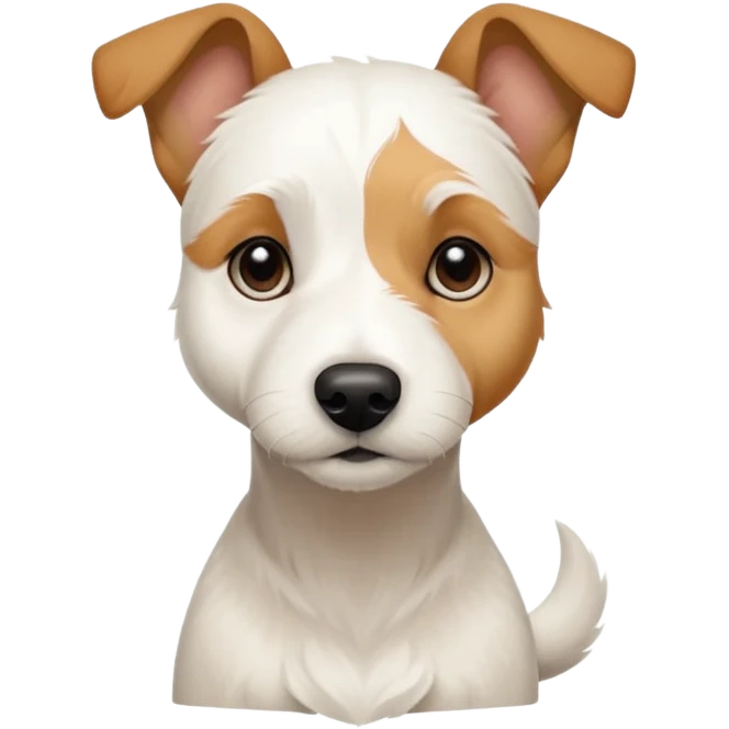 a full body facing front on of a buff white parson russell terrier looking dog the size of a kelpie with light brown long ears resting on its face and a light brown patch on one eye and a large snout. the rest of the dog is completely white.  emoji