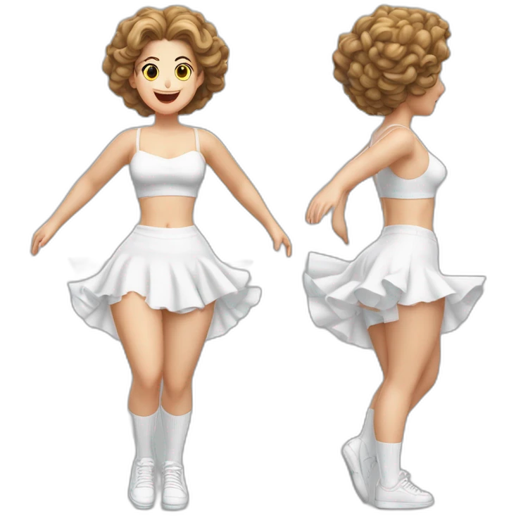 hyperrealistic-full-body-caucasian-curvy-beauty-jumping-small white-skirt-back-and-front-views-strong-wind-white knickers white socks emoji
