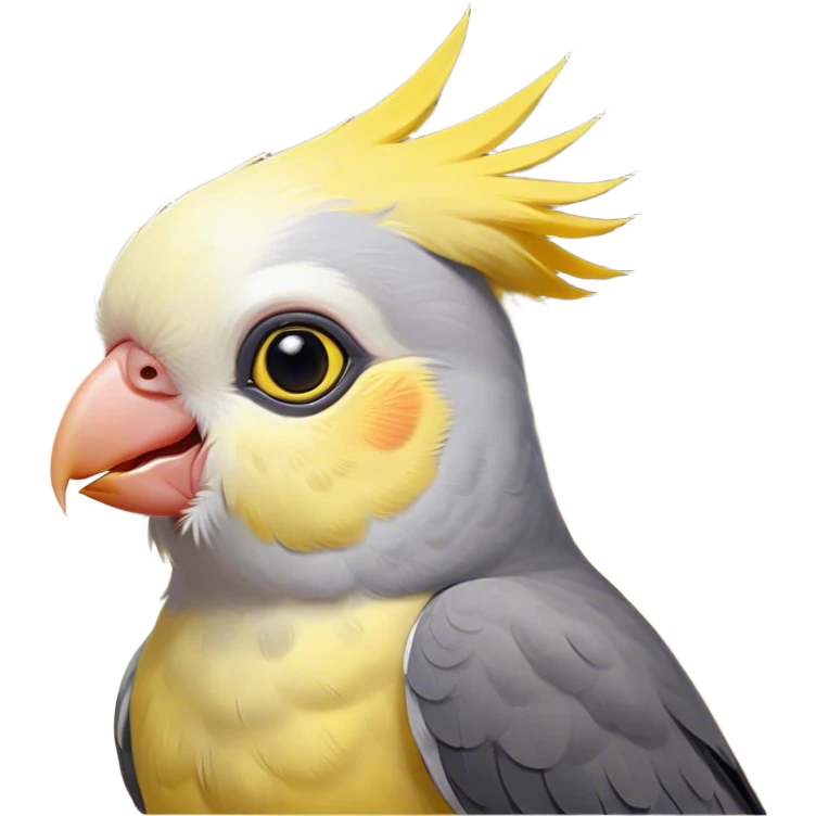 Cinematic Cute Cockatiel Portrait Emoji, Head tilted playfully and inquisitively, featuring a smooth grey fur with bright yellow accents and a perky crest, round, sparkling dark eyes filled with curiosity, Simplified yet irresistibly adorable features, highly detailed, glowing with a warm, friendly glow, high shine, affectionate and lively, stylized with a touch of whimsy, bright and endearing, soft glowing outline, capturing the essence of a mischievous yet loving cockatiel, so playful it feels like it could chirp out of the screen and into your arms! emoji